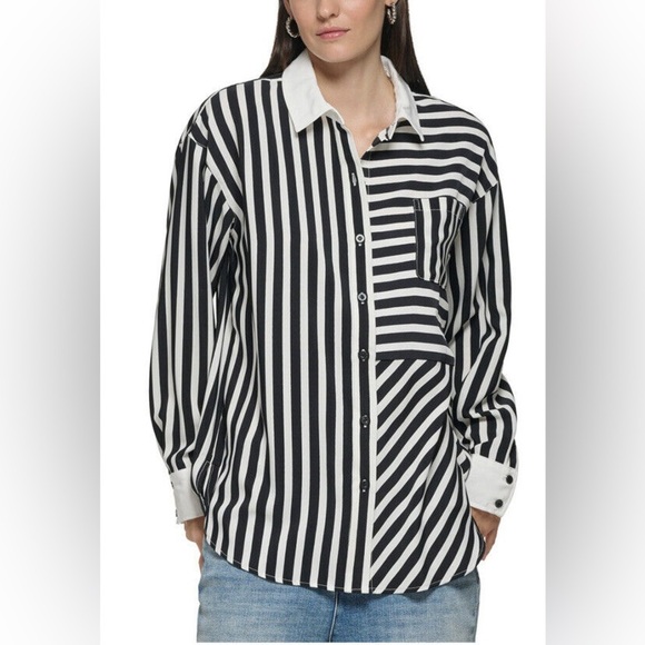 New! Karl Lagerfeld Paris Striped Button Up High Low Shirt - Picture 1 of 14
